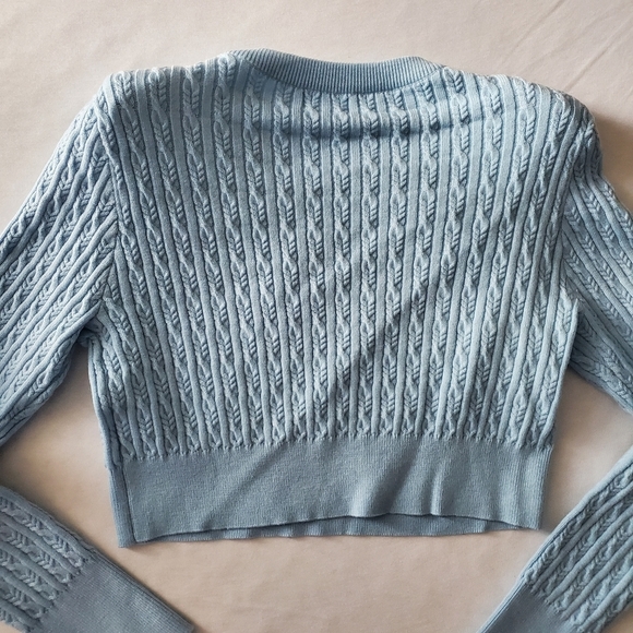 Revolve LPA Poppy Cable Knit Padded Shoulder Wool Blend Blue Cropped Sweater - Picture 6 of 8